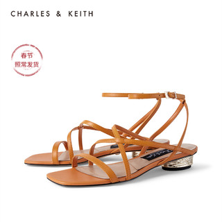 CHARLES&KEITH女鞋SL1-71720035交叉带露趾低跟凉鞋（38、Orange橙色）