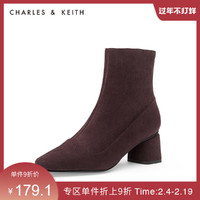 CHARLES&KEITH秋冬女靴CK1-91680075拉链高跟短靴女（37、Black黑色）