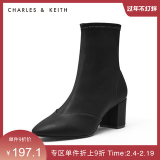 CHARLES&KEITH秋冬女靴CK1-90360324粗高跟拼接短靴女（40、Black黑色）