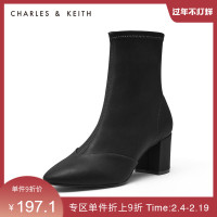 CHARLES&KEITH秋冬女靴CK1-90360324粗高跟拼接短靴女（35、DARK GREY深灰色）