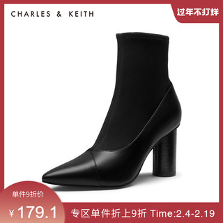 CHARLES&KEITH秋冬女靴CK1-91680085粗高跟短靴袜靴女（36、Brown棕色）