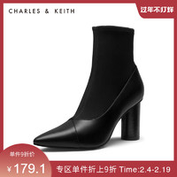 CHARLES&KEITH秋冬女靴CK1-91680085粗高跟短靴袜靴女（38、Brown棕色）