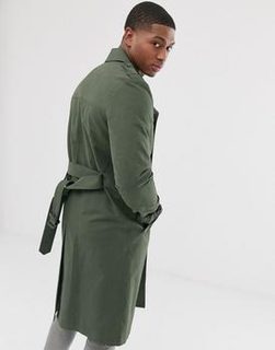 ASOS DESIGN shower resistant longline trench coat with belt in khaki