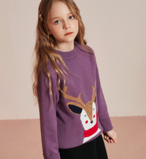 【反季清仓】女童毛衣春秋圣诞小鹿双面提花加厚保暖毛衫 140 紫色
