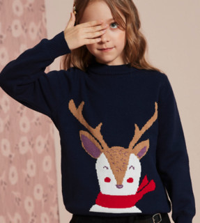 【反季清仓】女童毛衣春秋圣诞小鹿双面提花加厚保暖毛衫 160 紫色