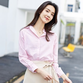 【2021特惠】春夏季潮流韩版女款休闲插肩袖条纹长袖衬衫 S 粉色