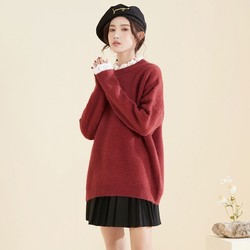 蕾丝领毛衣女2020冬季新款韩版假两件套头宽松慵懒针织上衣