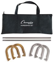 Champion Sports 马蹄铁套装:传统户外草坪游戏包括四个专业实心钢马蹄铁,带实心钢桩和便携收纳盒