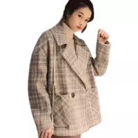 【加厚保暖】韩版格子保暖外套短款小个子西装赫本风毛呢大衣女 XL 卡其色