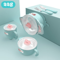 aag辅食碗 儿童餐具五件套装 注水保温碗吸盘碗儿童碗辅食勺套装 蓝色五件套