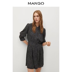 MANGO女装连衣裙2020秋冬新款动物印花褶皱细节长袖系扣袖连衣裙