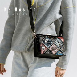 KH Design明治女包真皮刺绣盒子包斜挎包女个性设计潮休闲单肩包