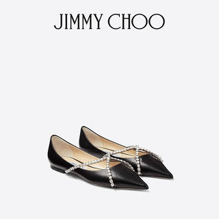 JIMMY CHOO/GENEVI FLAT水晶链饰黑色羊皮尖头平底鞋