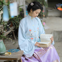 兰若庭 明制汉服 望水云鹤 女士立领琵琶袖短袄 SX7704 浅蓝 M