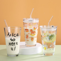 吸管玻璃杯带盖家用耐热刻度牛奶杯奶茶杯