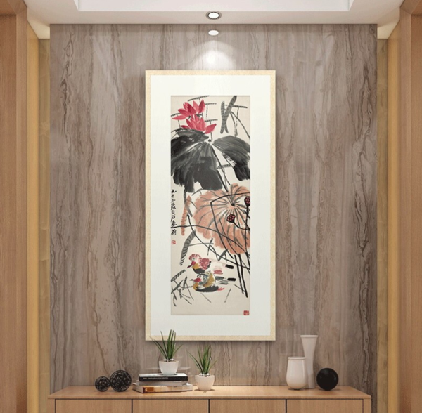 古典花卉国画水墨画齐白石名画《荷塘鸳鸯图》77×160cm