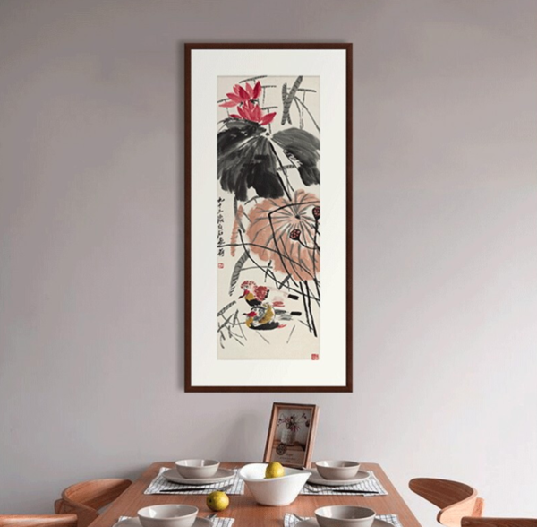 古典花卉国画水墨画齐白石名画《荷塘鸳鸯图》77×160cm