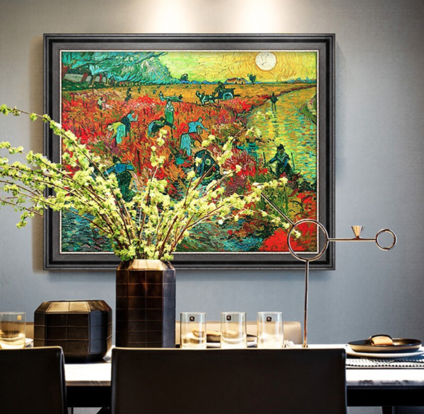 梵高名人油画《红色的葡萄园》装饰画挂画 爵士黑 56x70cm