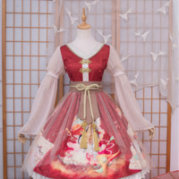 PreciousClove Lolita洛丽塔 中华风 花木兰 女士OP有袖连衣裙 朱红 L-XL