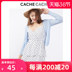 cachecache吊带连衣裙2020夏季法式白色蛋糕裙V领松紧收腰波点裙