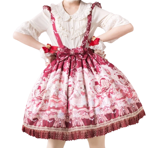 Honeyhoney Lolita洛丽塔 洋娃娃与小熊跳舞系列 女士SK半裙 酒红 S