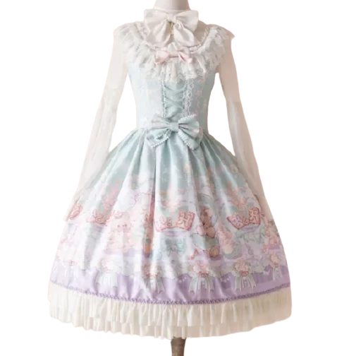 Honeyhoney Lolita洛丽塔 洋娃娃与小熊跳舞系列 女士JSK正腰连衣裙 浅绿色 L