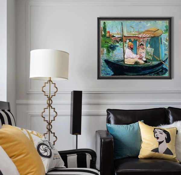 马奈名人油画《船上画室中的莫奈》 典雅栗 88×105cm