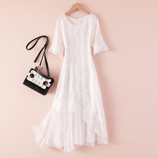 蕾丝连衣裙女装秋季新款韩版修身中裙显瘦中长款雪纺仙女裙子 L 白色