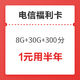 中国电信 全民福利卡（8G通用 30G定向 300分）