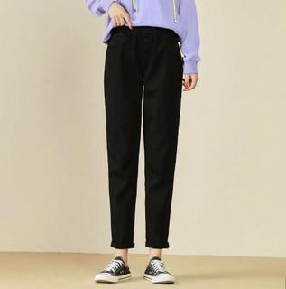 拉夏贝尔旗下2021新款宽松直筒牛仔裤女式休闲裤子显瘦萝卜裤 S 黑色