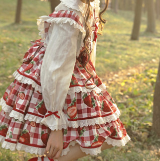 Alice girl Lolita洛丽塔 格子草莓 女士爱心背带裙 酒红色 S