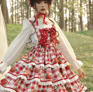 Alice girl Lolita洛丽塔 格子草莓 女士爱心背带裙 酒红色 S