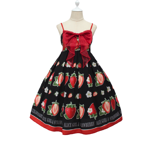 Alice girl Lolita洛丽塔 甜美 轻甜大草莓 女士JSK吊带连衣裙2件套 黑色 S