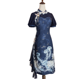 四叶工房lolita洛丽塔民国风昙花水母女士短袖开衩旗袍长款绀色l 报价价格评测怎么样 什么值得买