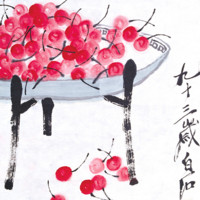 Qi Baishi 齐白石 樱桃国画版画新中式轻奢玄关客厅装饰画沙发背景墙挂画微喷