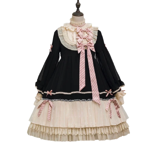 GroveDeer Lolita洛丽塔 平行人偶 女士立领OP有袖连衣裙 黑色 S