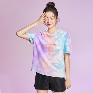 渐变色扎染宽松短袖拉夏贝尔旗下2021 春季新款女式纯棉T恤 L 紫色