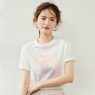 白鹿语 YU210970100 女款纯棉天空渲染印花T恤