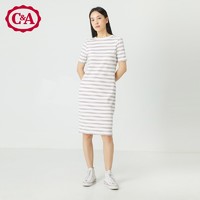 C&A  针织罗纹休闲直筒裙  2021春夏新款圆领短袖条纹连衣裙
