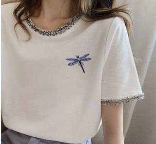 【小香风蜻蜓刺绣女T恤】春夏新品时尚休闲女款串珠秀短袖T恤 S 白色