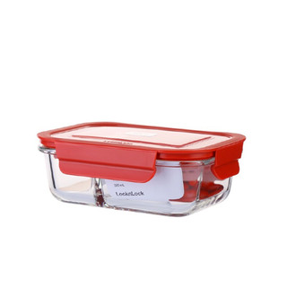 乐扣乐扣 耐热玻璃保鲜盒 微 冰箱冷冻盒子 婴儿辅食盒 580ML 长方形两分隔 红色