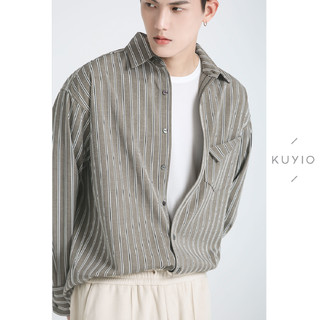 KUYIOU/设计师款 脱线折角口袋韩版竖条纹宽松垂顺柔软长袖衬衫男
