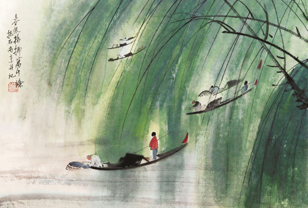 艺术品现代中式装饰画国画傅抱石春风杨柳万千条6080