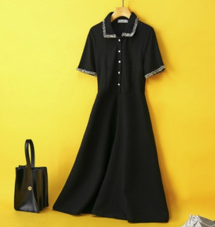 心机小黑裙女夏新款小香风收腰修身POLO短袖赫本连衣裙 XL 黑色