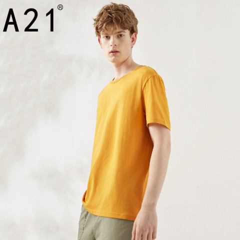 A21 2019新款纯色男式打底衫短袖t恤男士t恤短袖T恤 桔黄 S(165/80A)