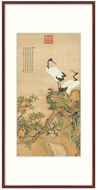 橙舍邹一桂原作版画花鸟装饰画《仙鹤蟠桃图》120x60cm 装饰画绢布雅致