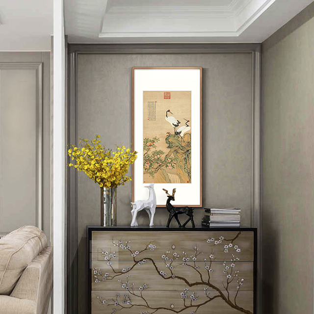 橙舍邹一桂原作版画花鸟装饰画《仙鹤蟠桃图》120x60cm 装饰画绢布雅致