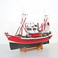 Snnei室内 美式风格渔船模型客厅摆件仿真实木质帆船模型手工艺船装饰品办公室家居房间艺术品 红色渔船60cm
