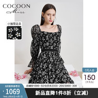 miss COCOON2021新款春季收腰显瘦泡泡袖蕾丝碎花连衣裙女蛋糕裙 黑色