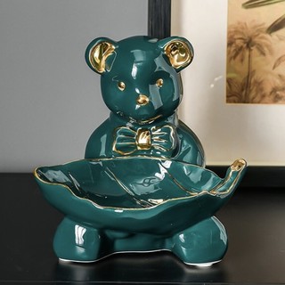 华达泰陶瓷 现代轻奢收纳摆件 墨绿叶子熊
